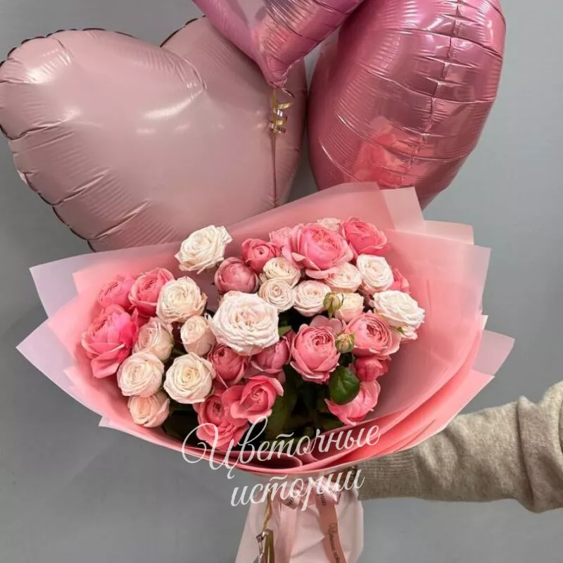 Букет &laquo;Комбо с пионовидной  розой и шарами&raquo;
